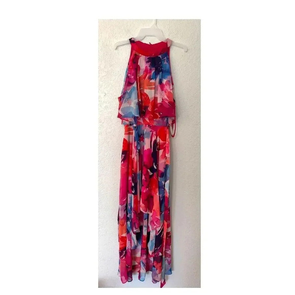 Eliza J. Floral Halter Neck Chiffon Hi-Low Maxi Dress Pink Fit & Flare Size 18 - Picture 5 of 8